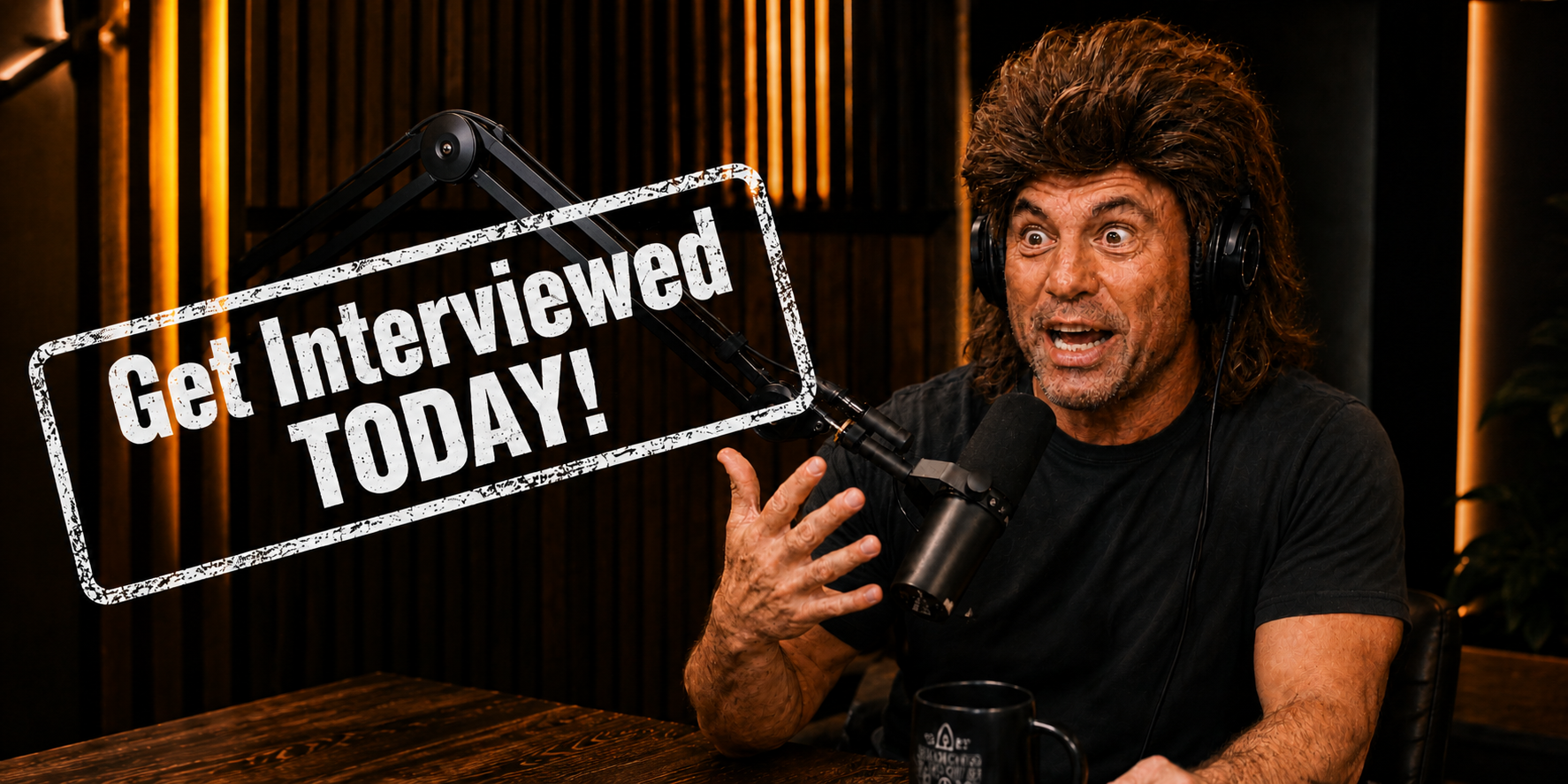 Joe Rogaine in the podcast studio with Get Interviewed Today text